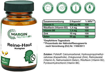 Reine-Haut Komplex / Mit Vitamin A, Vitamin B2 (Riboflavin), Vitamin B6, Zink und Selen (30, 60, 2x60, 3x60 Vegane Kapseln)