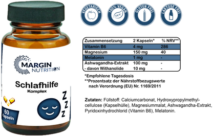 Schlafhilfe Komplex / Mit Melatonin, Magnesium, Ashwagandha und Vitamin B6 (30, 60, 2x60, 3x60 Vegane Kapseln)