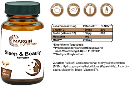 Sleep & Beauty Komplex / Mit Melatonin, Vitamin C, MSM und Vitamin B7 (Biotin) (30, 60, 2x60, 3x60 Vegane Kapseln)