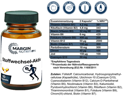 Stoffwechsel-Aktiv / Mit allen 8 B-Vitaminen, Chrom, Jod und Coenzym Q10 (30, 60, 2x60, 3x60 Vegane Kapseln)