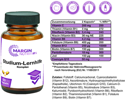 Studium-Lernhilfe Komplex / Mit allen 8 B-Vitaminen, Vitamin C, Jod und Coenzym Q10 (30, 60, 2x60, 3x60 Vegane Kapseln)