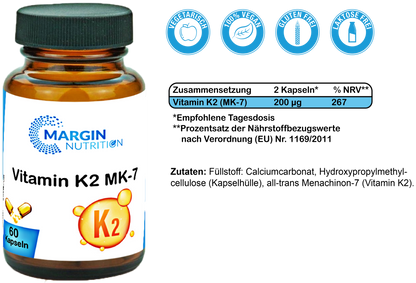 Vitamin K2 MK-7 / Hochdosiert 200 µg pro Tagesdosis (30, 60, 2x60, 3x60 Vegane Kapseln)
