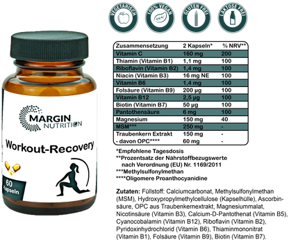 Workout-Recovery / Mit allen 8 B-Vitaminen, Magnesium, Vitamin C, MSM und Oligomere Proanthocyanidine (OPC) (30, 60, 2x60, 3x60 Vegane Kapseln)