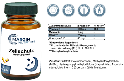 Zellschutz Nacht-Formel / Mit Melatonin, MSM, Coenzym Q10 und Vitamin C (30, 60, 2x60, 3x60 Vegane Kapseln)