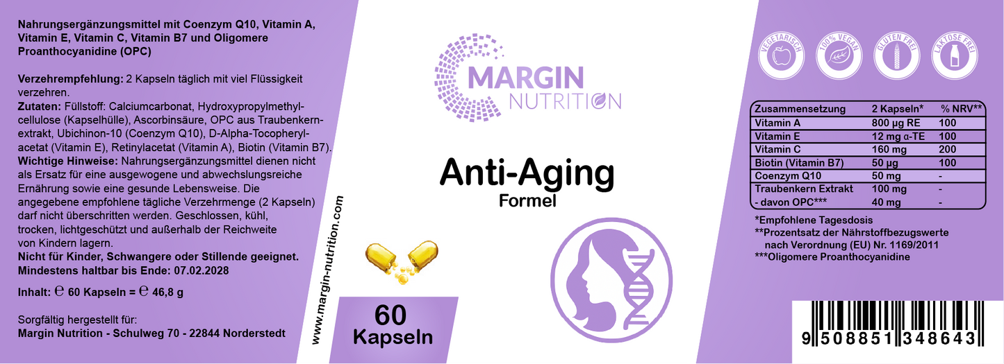 Anti-Aging Formel – Mit Coenzym Q10, Vitamin A, Vitamin E, Vitamin C, Vitamin B7 (Biotin) und Traubenkernextrakt (OPC) | 30, 60, 2×60, 3×60 vegane Kapseln