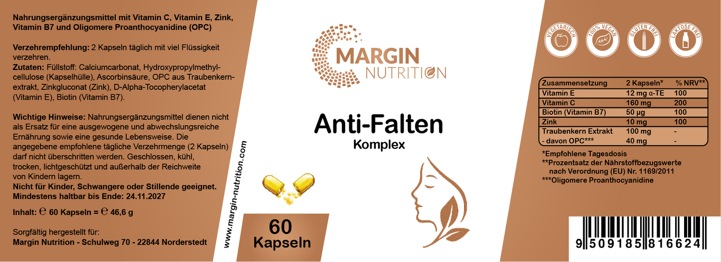 Anti-Falten Komplex – Mit Vitamin C, Vitamin E, Zink, Vitamin B7 (Biotin) und Oligomere Proanthocyanidine (OPC) | 30, 60, 2×60, 3×60 vegane Kapseln