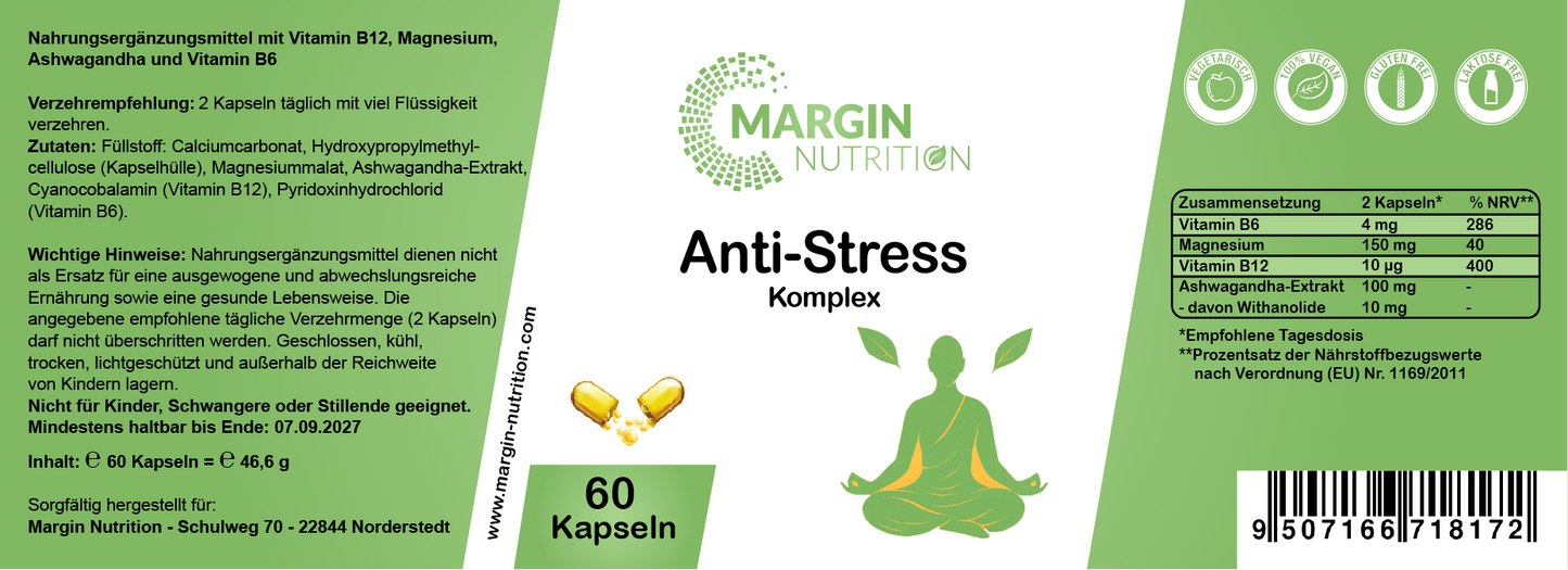 Anti-Stress Komplex – Mit Vitamin B12, Magnesium, Ashwagandha und Vitamin B6 | 30, 60, 2×60, 3×60 vegane Kapseln
