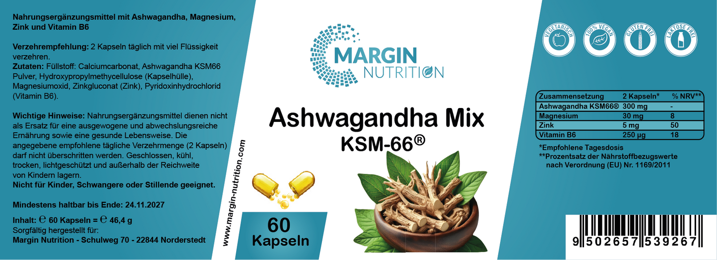 Ashwagandha Mix KSM-66® – Mit Ashwagandha KSM-66®, Magnesium, Zink und Vitamin B6 | 30, 60, 2×60, 3×60 vegane Kapseln