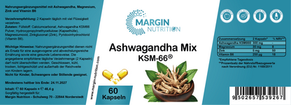 Ashwagandha Mix KSM-66® – Mit Ashwagandha KSM-66®, Magnesium, Zink und Vitamin B6 | 30, 60, 2×60, 3×60 vegane Kapseln
