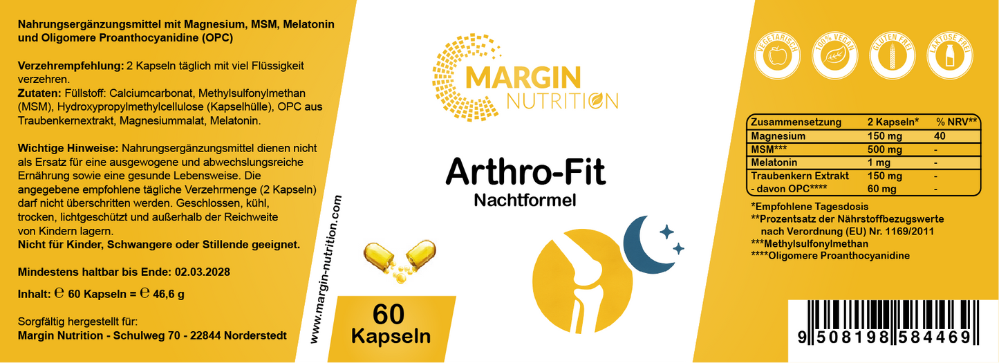 Arthro-Fit Nachtformel – Mit Magnesium, MSM, Melatonin und Oligomere Proanthocyanidine (OPC) | 30, 60, 2×60, 3×60 vegane Kapseln
