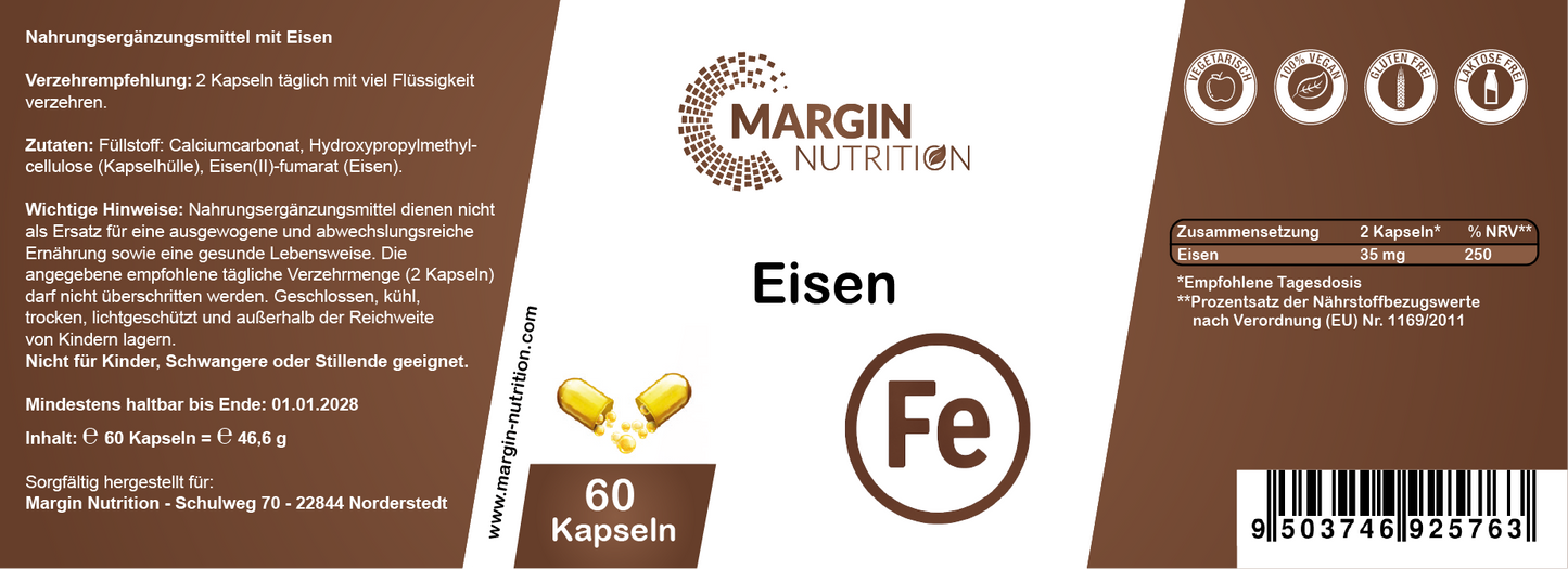 Eisen – Hochdosiert 35 mg pro Tagesdosis | 30, 60, 2×60, 3×60 vegane Kapseln