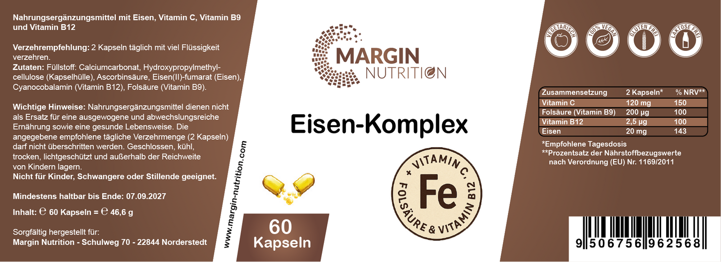 Eisen-Komplex – Mit Eisen, Vitamin C, Vitamin B9 (Folsäure), Vitamin B12 | 30, 60, 2×60, 3×60 vegane Kapseln