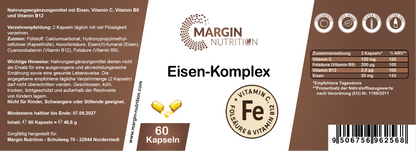 Eisen-Komplex – Mit Eisen, Vitamin C, Vitamin B9 (Folsäure), Vitamin B12 | 30, 60, 2×60, 3×60 vegane Kapseln