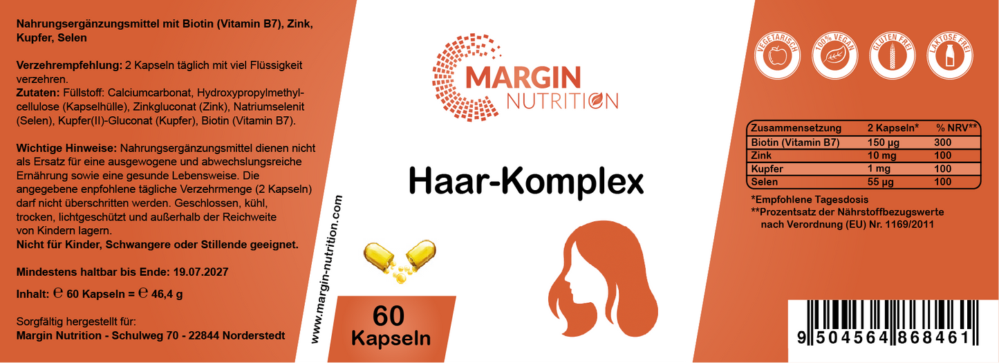 Haar-Komplex – Mit Kupfer, Zink, Selen und Biotin (Vitamin B7) | 30, 60, 2×60, 3×60 vegane Kapseln
