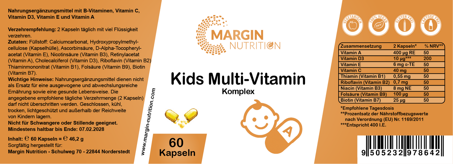 Kids Multivitamin Komplex – Mit Vitamin A, Vitamin D3, Vitamin E, Vitamin C und B-Vitaminen | 30, 60, 2×60, 3×60 vegane Kapseln