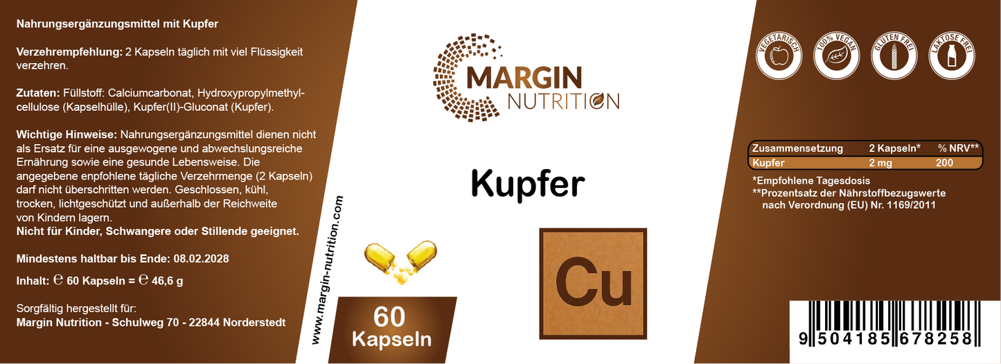 Kupfer – Hochdosiert 2 mg pro Tagesdosis | 30, 60, 2×60, 3×60 vegane Kapseln