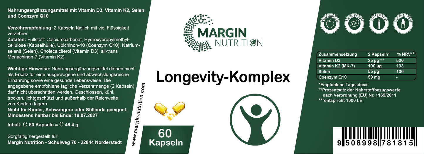 Longevity-Komplex – Mit Vitamin D3, Vitamin K2 MK-7, Coenzym Q10 und Selen | 30, 60, 2×60, 3×60 vegane Kapseln
