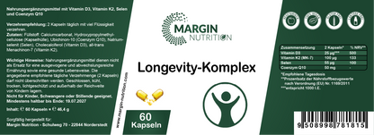 Longevity-Komplex – Mit Vitamin D3, Vitamin K2 MK-7, Coenzym Q10 und Selen | 30, 60, 2×60, 3×60 vegane Kapseln