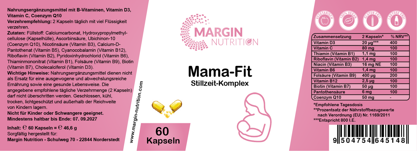 Mama-Fit Stillzeit-Komplex – Mit allen 8 B-Vitaminen, Vitamin C, Vitamin D3 und Coenzym Q10 | 30, 60, 2×60, 3×60 vegane Kapseln