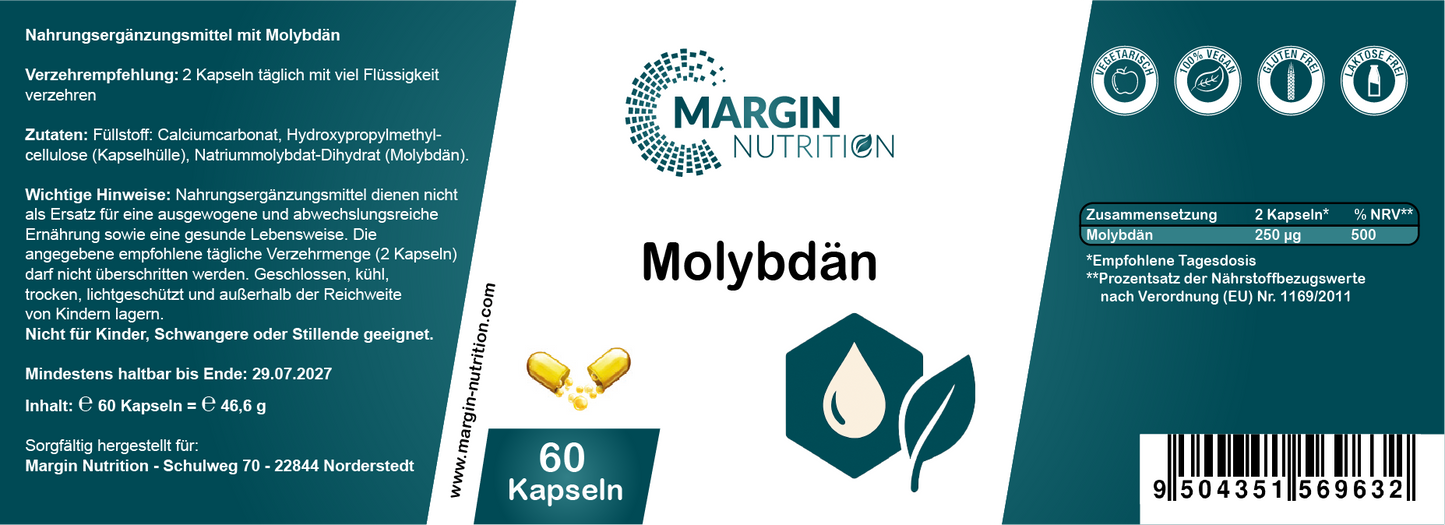 Molybdän – Hochdosiert 250 µg pro Tagesdosis | 30, 60, 2×60, 3×60 vegane Kapseln