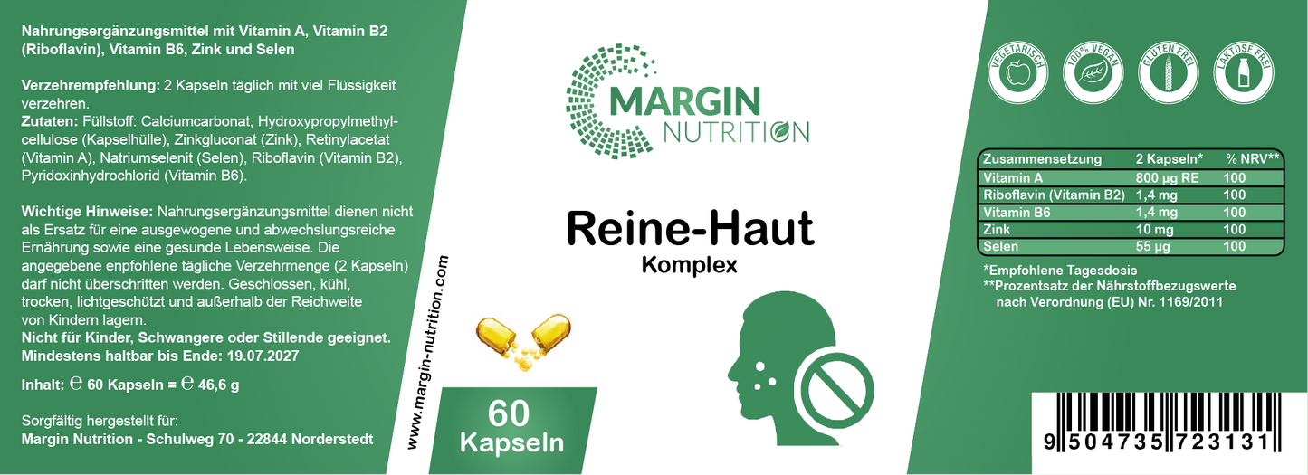 Reine-Haut Komplex – Mit Vitamin A, Vitamin B2 (Riboflavin), Vitamin B6, Zink und Selen | 30, 60, 2×60, 3×60 vegane Kapseln