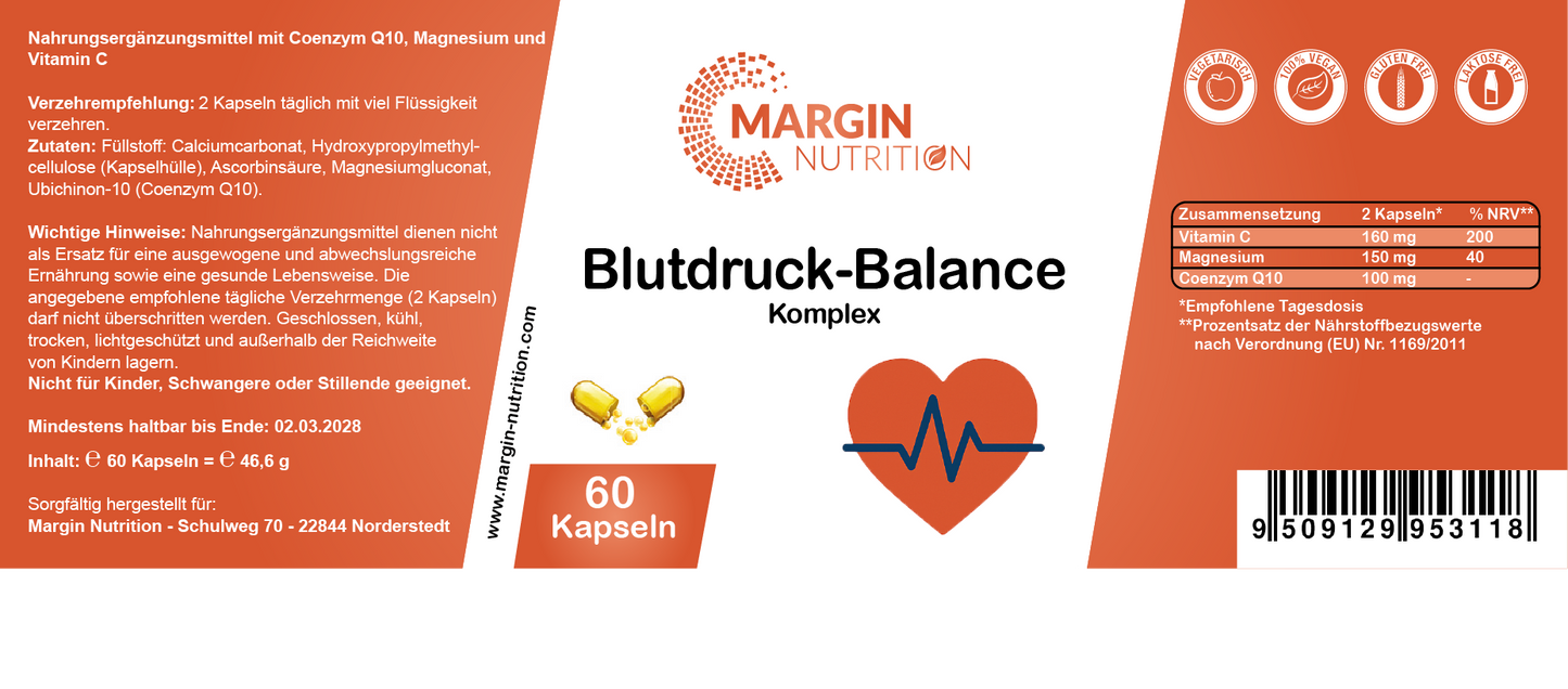Blutdruck-Balance Komplex / Mit Coenzym Q10, Magnesium und Vitamin C (30, 60, 2x60, 3x60 Vegane Kapseln)