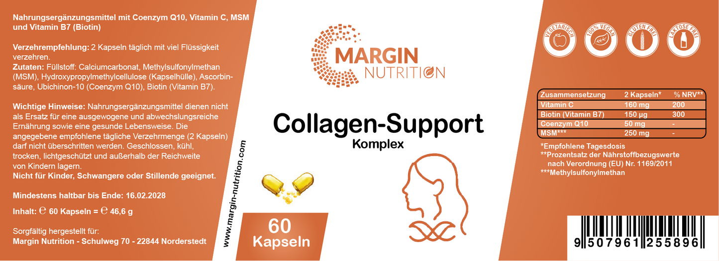 Collagen-Support Komplex – Mit Coenzym Q10, Vitamin C, MSM und Vitamin B7 (Biotin) | 30, 60, 2×60, 3×60 vegane Kapseln