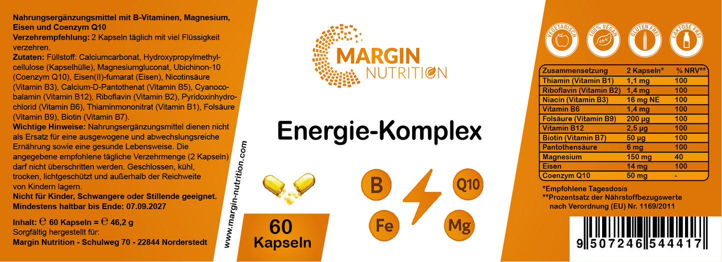 Energie-Komplex – Mit allen 8 B-Vitaminen, Magnesium, Eisen und Coenzym Q10 | 30, 60, 2×60, 3×60 vegane Kapseln