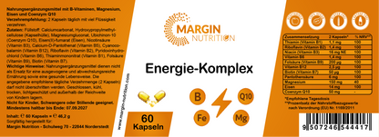 Energie-Komplex – Mit allen 8 B-Vitaminen, Magnesium, Eisen und Coenzym Q10 | 30, 60, 2×60, 3×60 vegane Kapseln