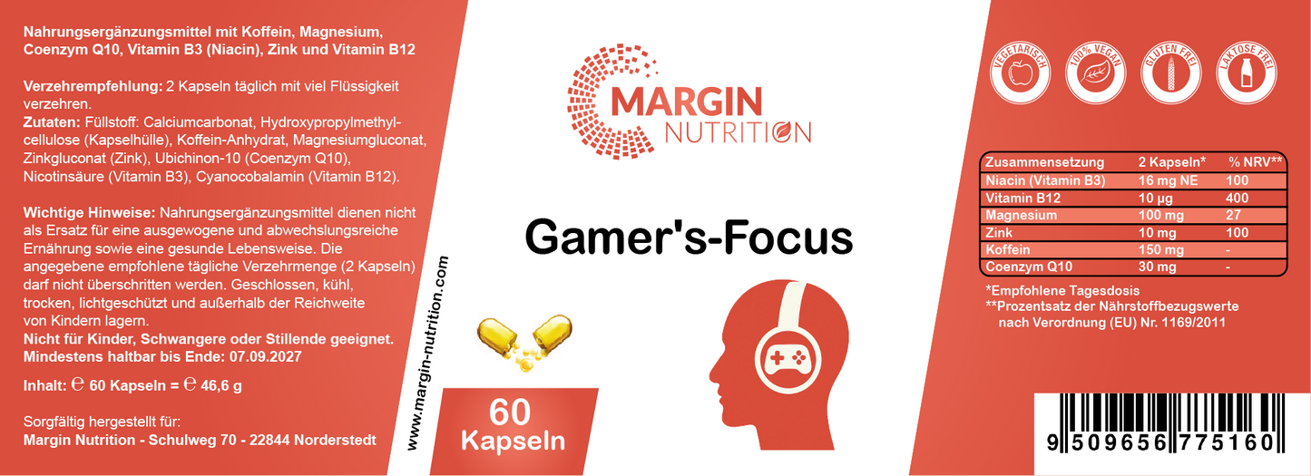 Gamer's-Focus / Mit Koffein, Magnesium, Coenzym Q10, Vitamin B3 (Niacin), Zink und Vitamin B12 (30, 60, 2x60, 3x60 Vegane Kapseln)
