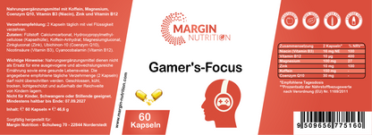 Gamer's-Focus / Mit Koffein, Magnesium, Coenzym Q10, Vitamin B3 (Niacin), Zink und Vitamin B12 (30, 60, 2x60, 3x60 Vegane Kapseln)