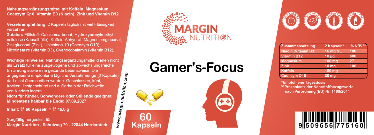 Gamer's-Focus – Mit Koffein, Magnesium, Coenzym Q10, Vitamin B3 (Niacin), Zink und Vitamin B12 | 30, 60, 2×60, 3×60 vegane Kapseln