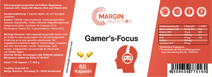 Gamer's-Focus – Mit Koffein, Magnesium, Coenzym Q10, Vitamin B3 (Niacin), Zink und Vitamin B12 | 30, 60, 2×60, 3×60 vegane Kapseln