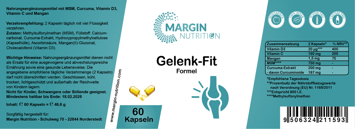 Gelenk-Fit Formel – Mit MSM, Curcuma, Vitamin D3, Vitamin C und Mangan | 30, 60, 2×60, 3×60 vegane Kapseln