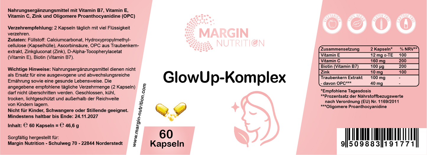 GlowUp-Komplex – Mit Vitamin B7 (Biotin), Vitamin C, Vitamin E, Zink und Oligomere Proanthocyanidine (OPC) | 30, 60, 2×60, 3×60 vegane Kapseln