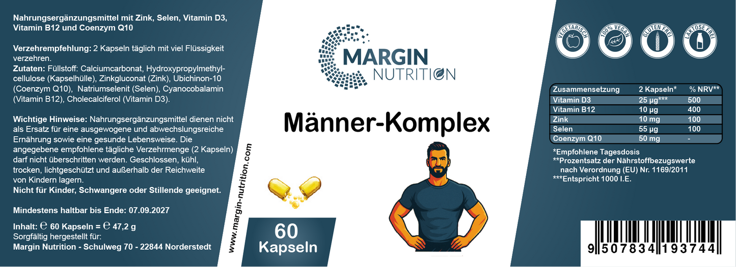 Männer-Komplex – Mit Zink, Selen, Vitamin D3, Vitamin B12 und Coenzym Q10 | 30, 60, 2×60, 3×60 vegane Kapseln