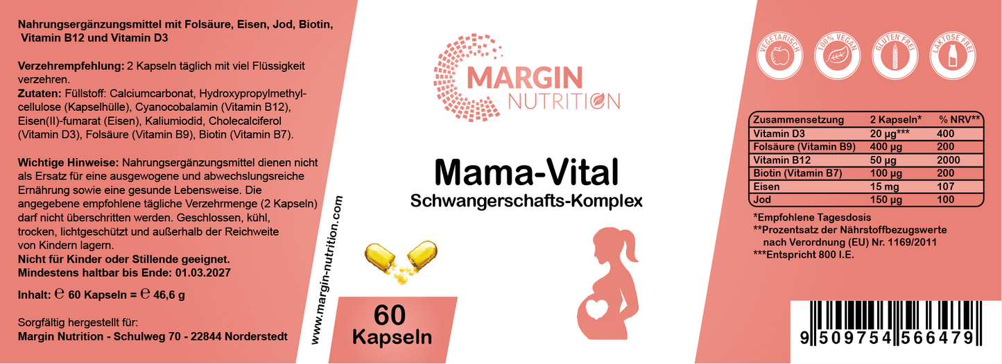 Mama-Vital Schwangerschafts-Komplex – Mit Folsäure, Eisen, Jod, Biotin, Vitamin B12 und Vitamin D3 | 30, 60, 2×60, 3×60 vegane Kapseln