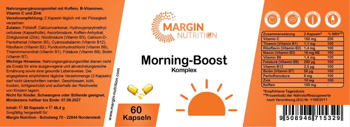 Morning-Boost Komplex – Mit Koffein, B-Vitaminen, Vitamin C und Zink | 30, 60, 2×60, 3×60 vegane Kapseln