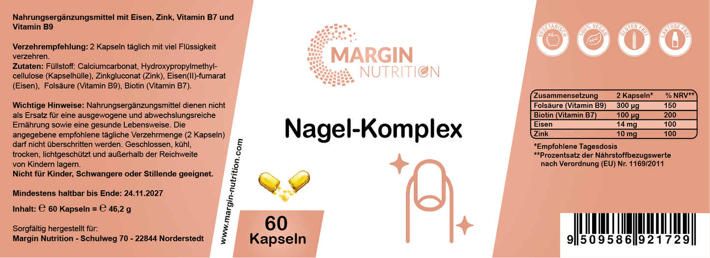 Nagel-Komplex – Mit Eisen, Zink, Vitamin B7 (Biotin) und Vitamin B9 (Folsäure) | 30, 60, 2×60, 3×60 vegane Kapseln