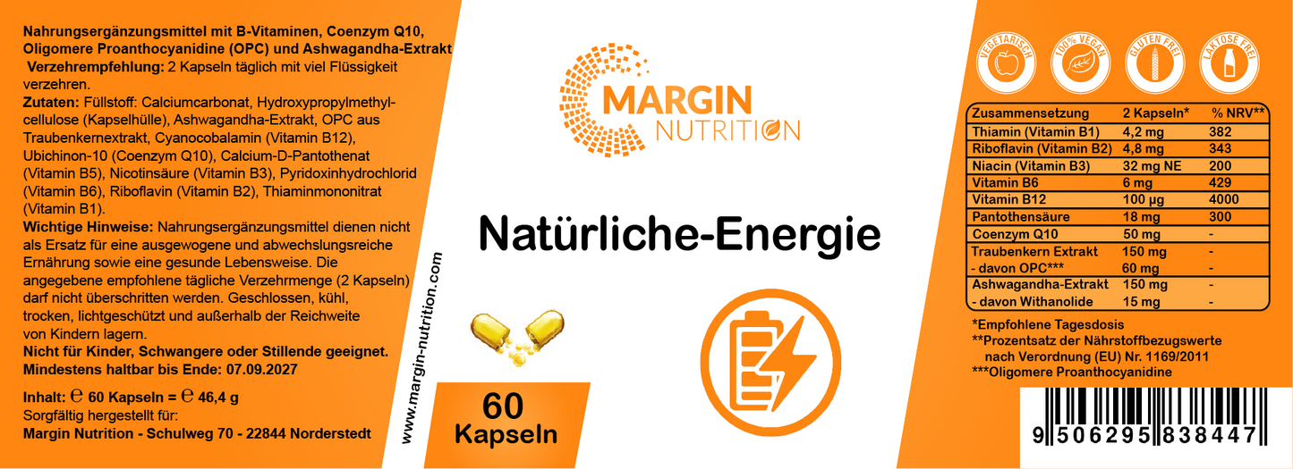 Natürliche-Energie / Mit B-Vitaminen, Coenzym Q10, Oligomere Proanthocyanidine (OPC) und Ashwagandha-Extrakt (30, 60, 2x60, 3x60 Vegane Kapseln)