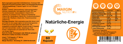 Natürliche-Energie – Mit B-Vitaminen, Coenzym Q10, Oligomere Proanthocyanidine (OPC) und Ashwagandha | 30, 60, 2×60, 3×60 vegane Kapseln