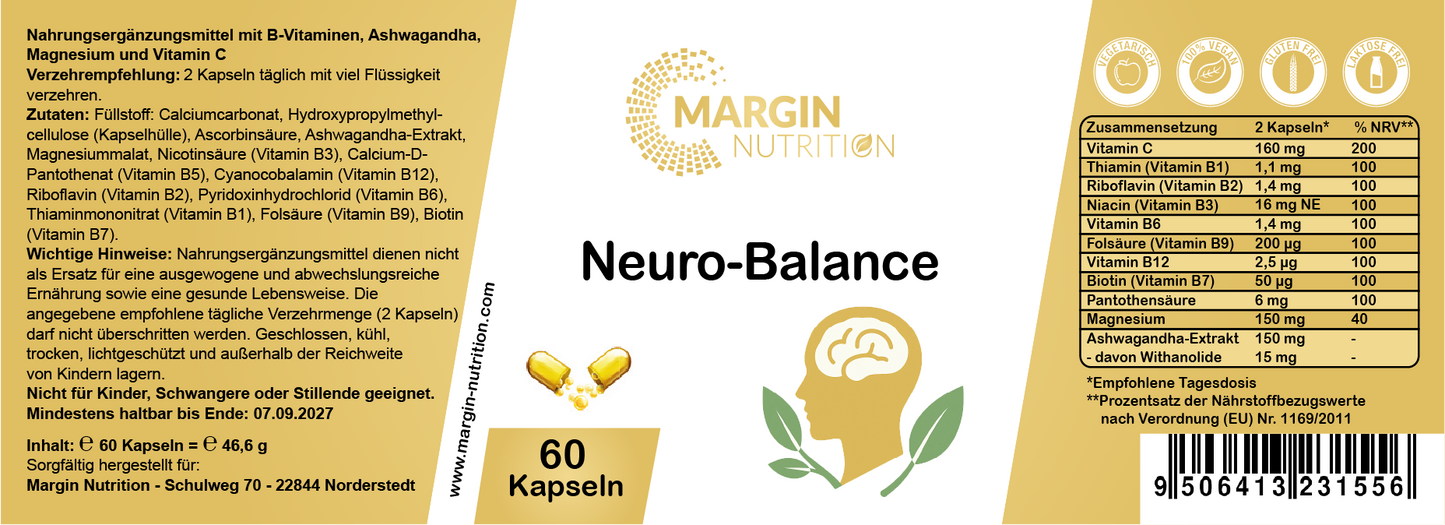 Neuro-Balance – Mit allen 8 B-Vitaminen, Ashwagandha, Magnesium und Vitamin C | 30, 60, 2×60, 3×60 vegane Kapseln