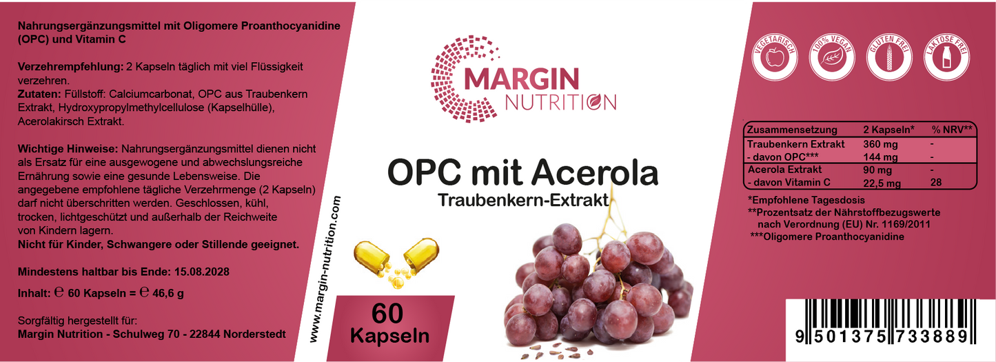 OPC Traubenkern-Extrakt mit Acerola-Extrakt – Hochdosiert 360 mg Traubenkern-Extrakt und 90 mg Acerola-Extrakt pro Tagesdosis | 30, 60, 2×60, 3×60 vegane Kapseln