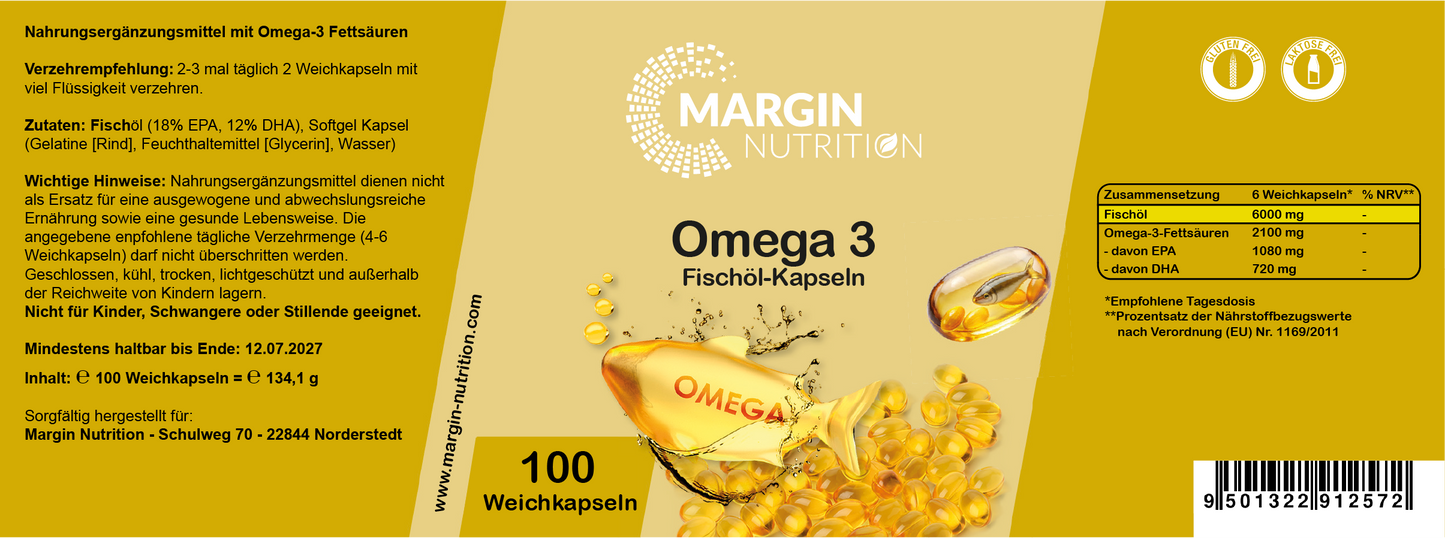 Omega-3 Fischöl / 1080 mg EPA und 720 mg DHA pro Tagesdosis (60, 100, 300, 500 Weichkapseln)