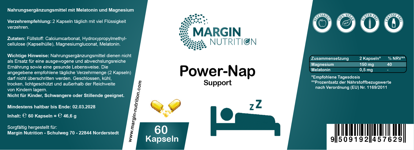 Power-Nap Support – Mit Melatonin und Magnesium | 30, 60, 2×60, 3×60 vegane Kapseln