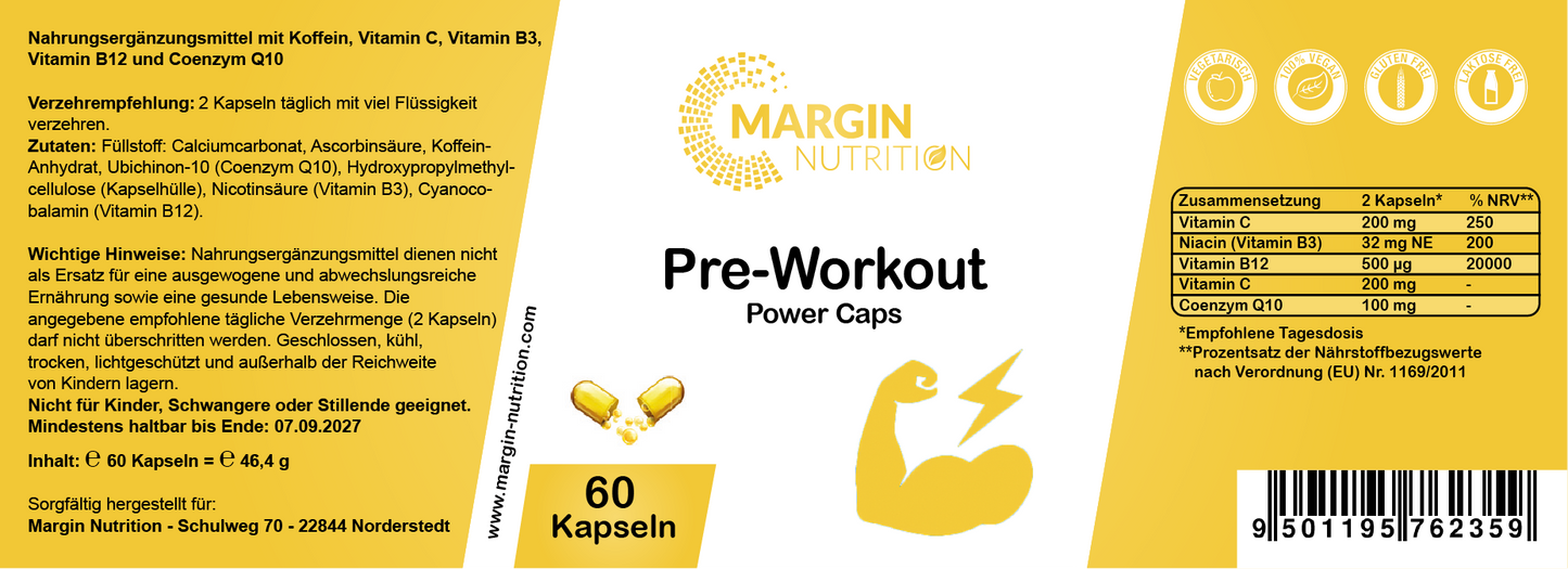 Pre-Workout Power-Caps – Mit Koffein, Vitamin B3 (Niacin), Vitamin B12, Vitamin C und Coenzym Q10