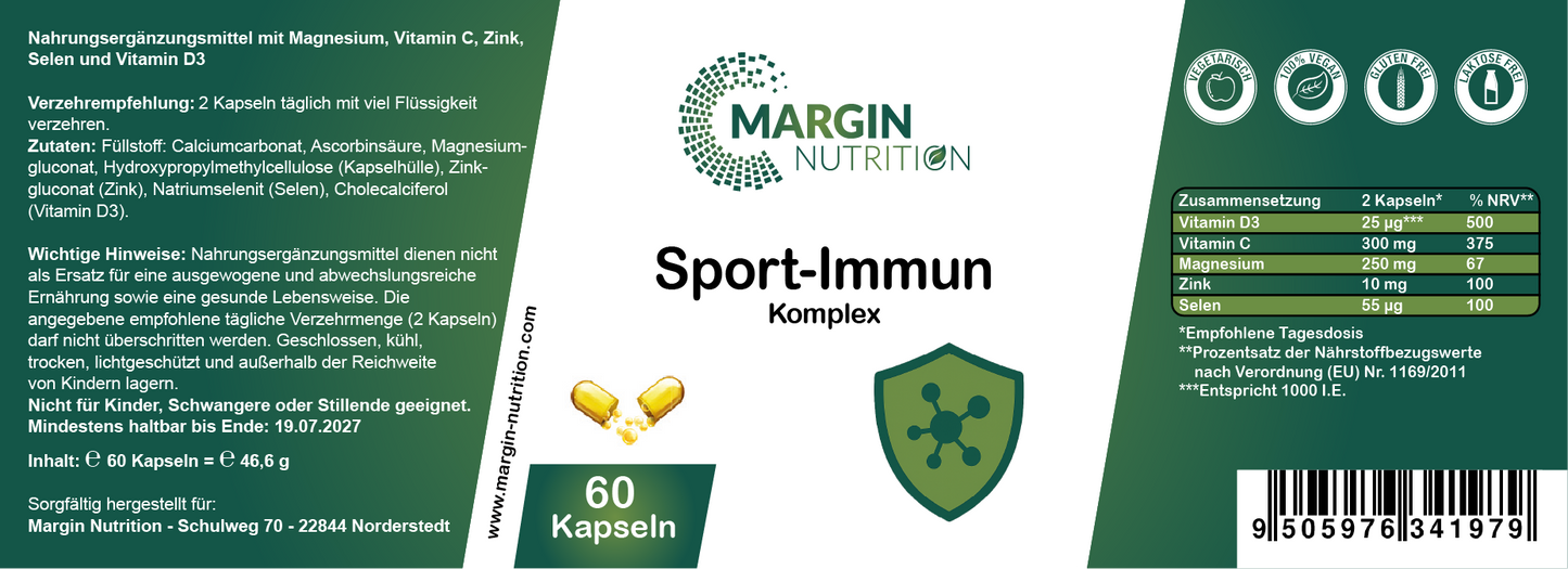 Sport-Immun Komplex – Mit Magnesium, Vitamin C, Zink, Vitamin D3 und Selen | 30, 60, 2×60, 3×60 vegane Kapseln