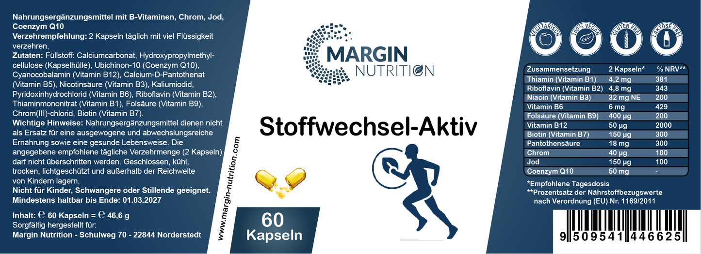 Stoffwechsel-Aktiv – Mit allen 8 B-Vitaminen, Chrom, Jod und Coenzym Q10 | 30, 60, 2×60, 3×60 vegane Kapseln