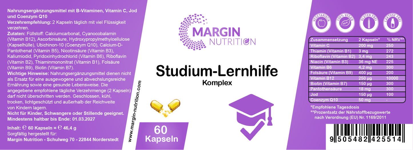 Studium-Lernhilfe Komplex – Mit allen 8 B-Vitaminen, Vitamin C, Jod und Coenzym Q10 | 30, 60, 2×60, 3×60 vegane Kapseln