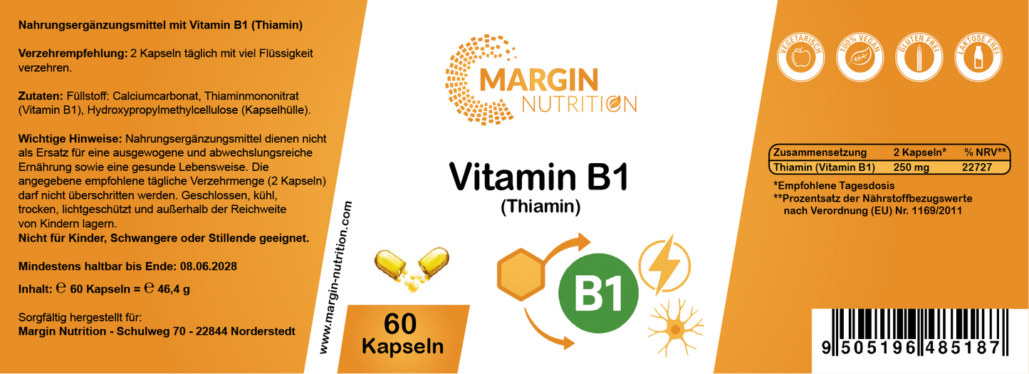 Vitamin B1 (Thiamin) – Hochdosiert 250 mg pro Tagesdosis | 30, 60, 2×60, 3×60 vegane Kapseln